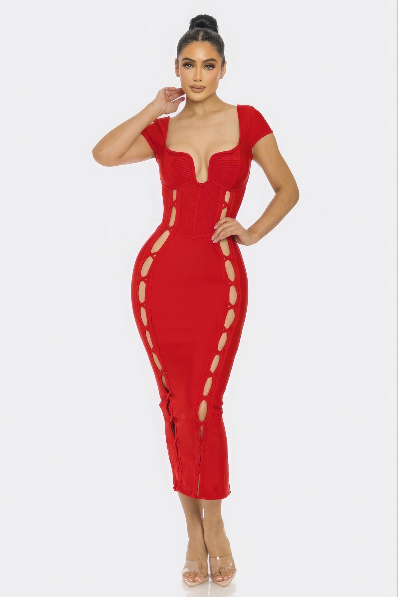 Red Cut Out Midi Dress