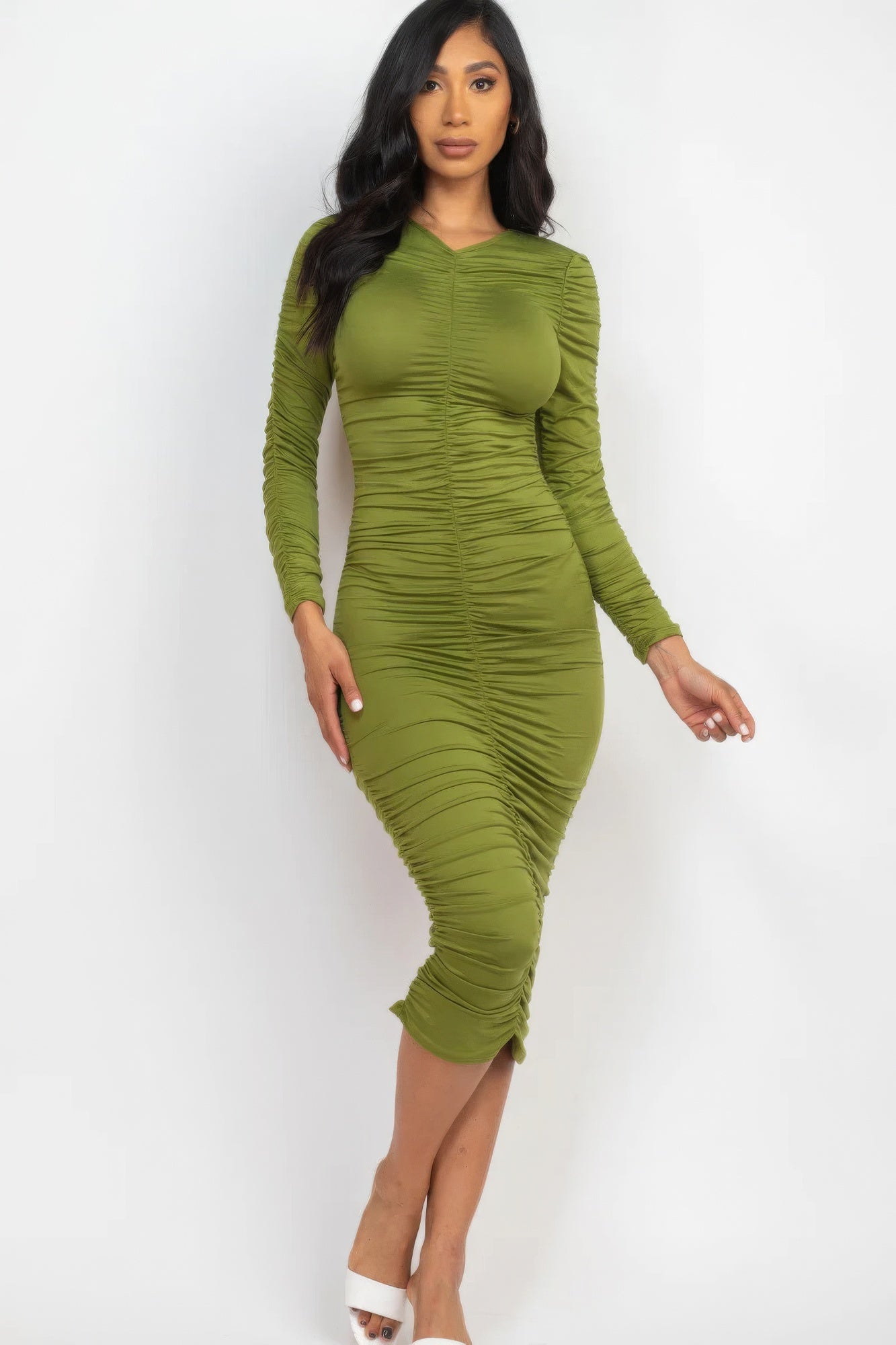 Long Sleeve Ruched Dress (Multiple Colors)